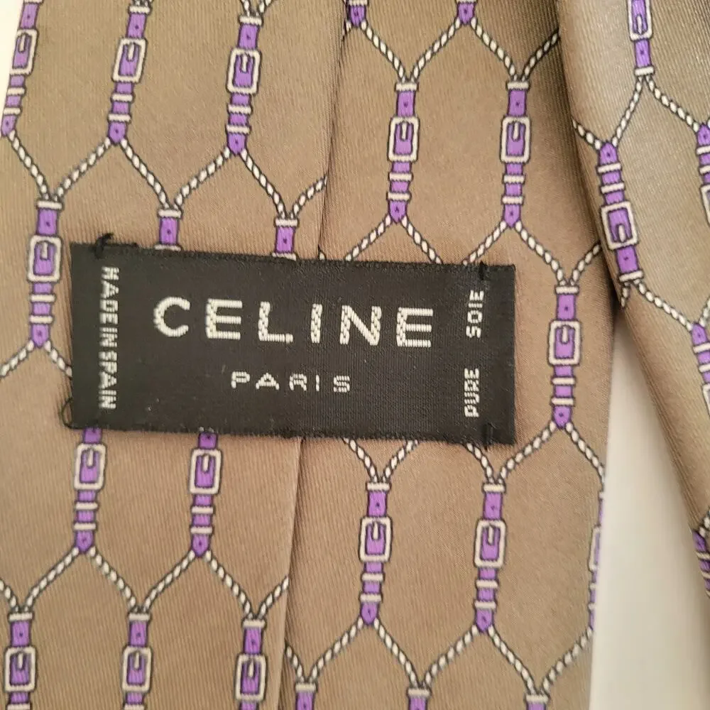 Celine Men's Neck Tie Made In Spain Designer Silk Gray Purple Geometric‎ Belts